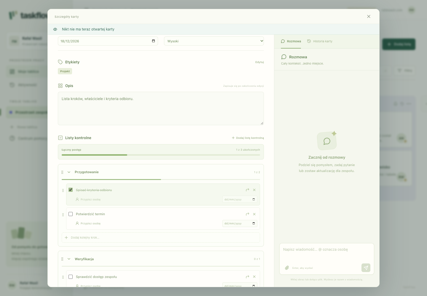 Karta FlowTask z checklistami, osobami i terminami